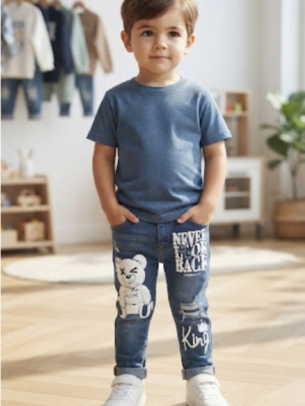 Kids Blue Graphic Denim Jeans with Teddy Patch